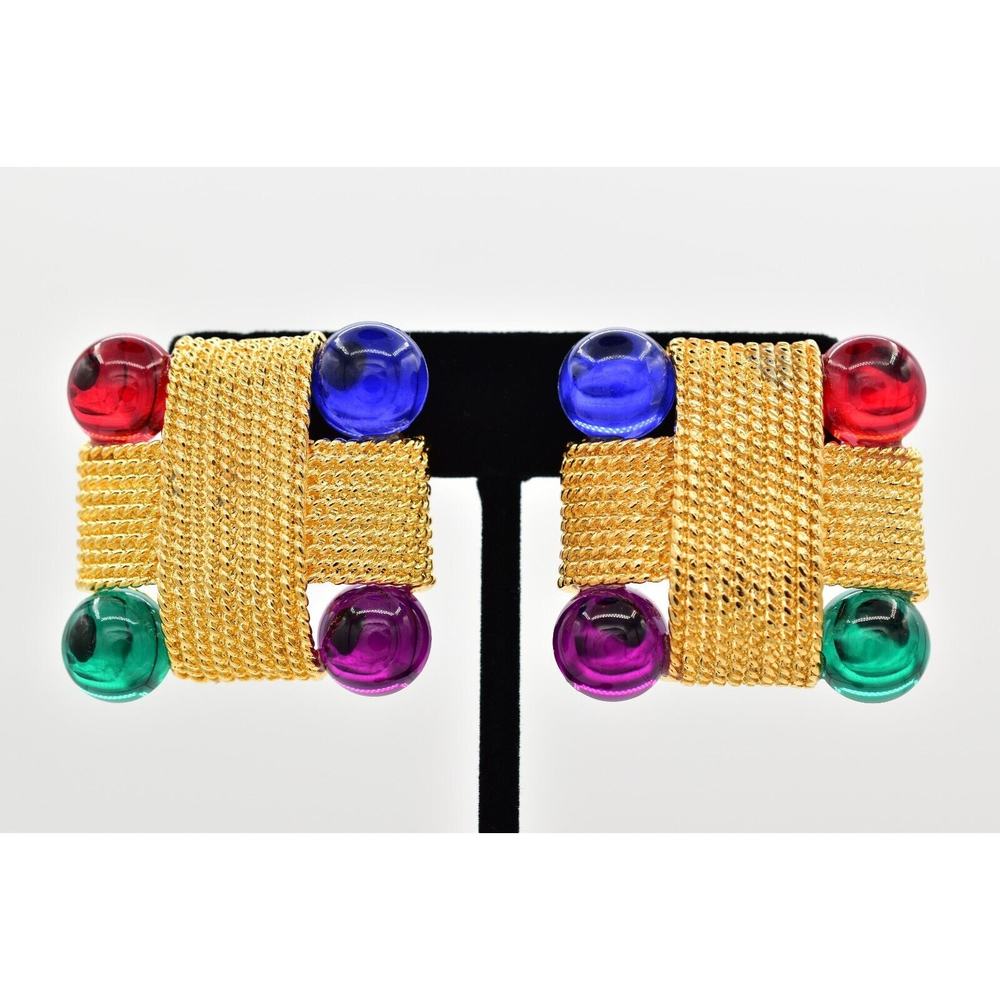 Vintage Cabochon Clip On Earrings Multi-Color Criss Cross Chunky NOS 80s BinA23